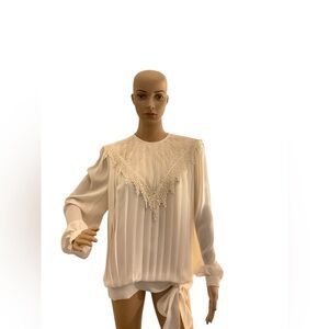 Liz Roberts Beige w Lace Accent +Pleats  Vintage Long Sleeve Blouse Womens 10